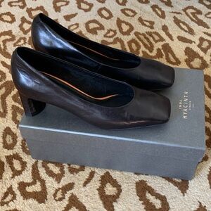 Black Square-Toe Leather Heels